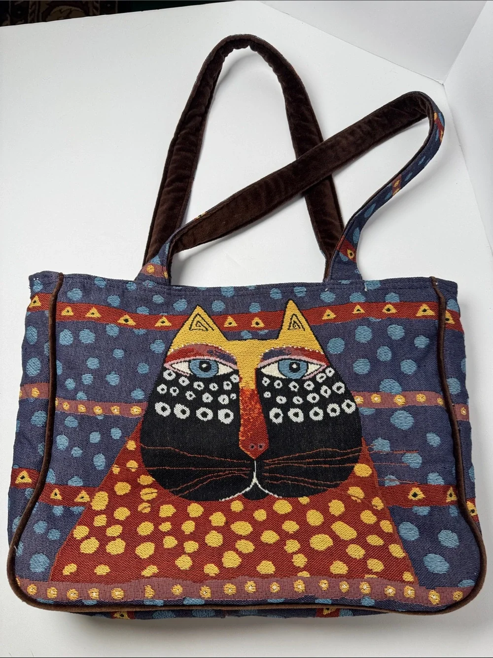LAUREL BURCH Cat Tapestry Tote Bag Multicolor Brown Velvet Straps Zipper Closure